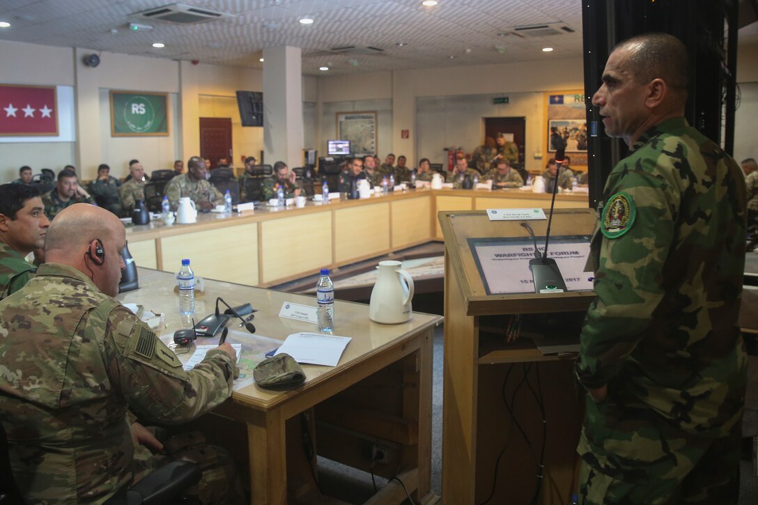 Afghan National Army Command Sgt. Maj. Roshan, right, the senior enlisted advisor to the President of Afghanistan, offers remarks to U.S. and Afghan military personnel during a warfighter forum at Resolute Support Headquarters in Kabul, Afghanistan, Nov. 15, 2017. The warfighter forum was a two-day event bringing together senior enlisted leaders from the Afghan National Defense and Security Forces and their U.S. counterparts to discuss solutions to challenges such as accountability, mortuary affairs and female integration in order to further professionalize the Afghan forces. (U.S. Marine Corps photo by Sgt. Lucas Hopkins)