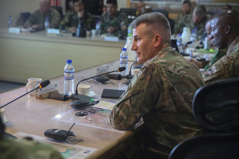 U.S. Army Gen. John Nicholson, the commanding general of Resolute Support Mission, offers remarks during a warfighter forum at Resolute Support Headquarters in Kabul, Afghanistan, Nov. 15, 2017. The forum was a two-day event which saw senior enlisted U.S. and Afghan National Defense and Security Force leaders congregate to discuss challenges and potential solutions throughout the Afghan services. (U.S. Marine Corps photo by Sgt. Lucas Hopkins)
