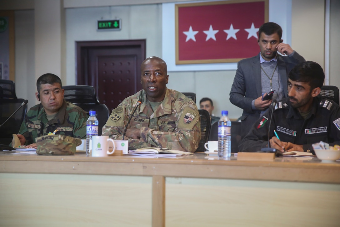 U.S. Army Command Sgt. Maj. David M. Clark, center, the sergeant major of Resolute Support Mission, discusses current areas for improvement within the Afghan armed services during a warfighter forum at Resolute Support Headquarters in Kabul, Afghanistan, Nov. 15, 2017. The warfighter forum brought together sergeants major and other senior enlisted leaders from the Afghan National Army, Afghan National Police and their U.S. counterparts in an effort to continue building the professionalism of the Afghan National Defense and Security Forces in preparation for the Spring 2018 fighting season. (U.S. Marine Corps photo by Sgt. Lucas Hopkins)