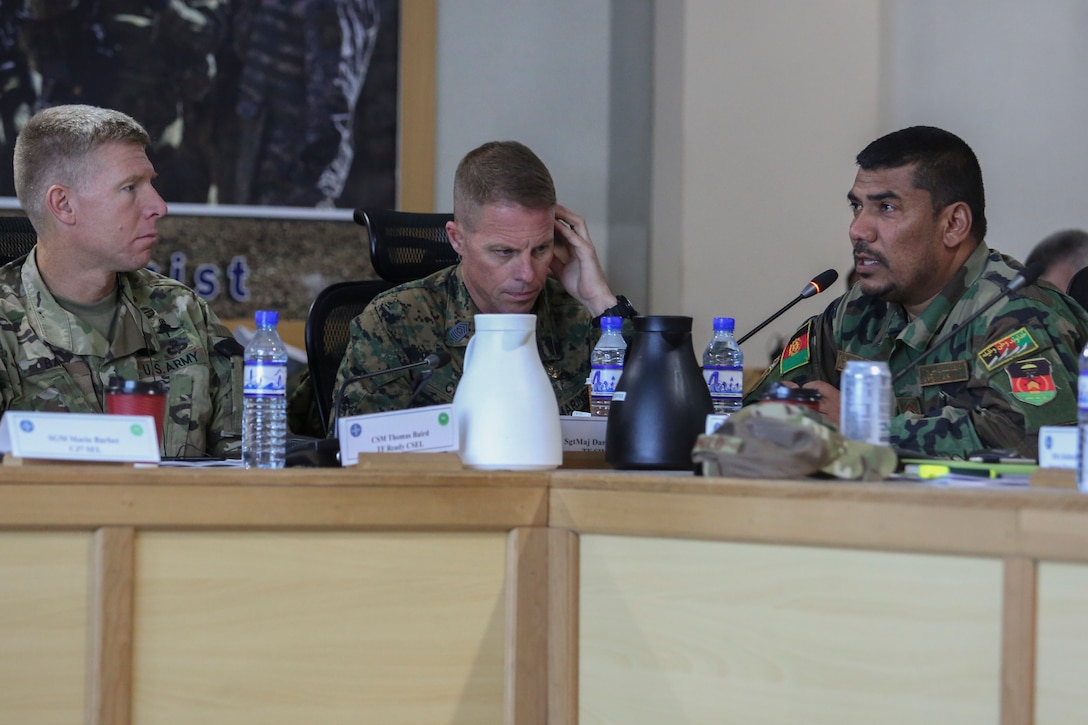 Afghan National Army Command Sgt. Maj. Wafa, right, the sergeant major of 215th Corps, speaks about recent success against the Taliban in Helmand province during a warfighter forum at Resolute Support Headquarters in Kabul, Afghanistan, Nov. 15, 2017. Senior enlisted Afghan National Defense and Security Force leaders and their U.S. counterparts gathered for the two-day event to develop potential solutions to current issues such as accountability, mortuary affairs, female integration and force protection to further professionalize the Afghan armed services. (U.S. Marine Corps photo by Sgt. Lucas Hopkins)