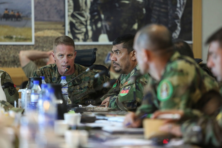 U.S. Marine Sgt. Maj. Darrell Carver, left, the sergeant major of Task Force Southwest, speaks about recent success against the Taliban in Helmand province during a warfighter forum at Resolute Support Headquarters in Kabul, Afghanistan, Nov. 15, 2017. The forum was a two-day event which saw senior enlisted U.S. and Afghan National Defense and Security Force leaders congregate to discuss challenges and potential solutions throughout the Afghan services. (U.S. Marine Corps photo by Sgt. Lucas Hopkins)