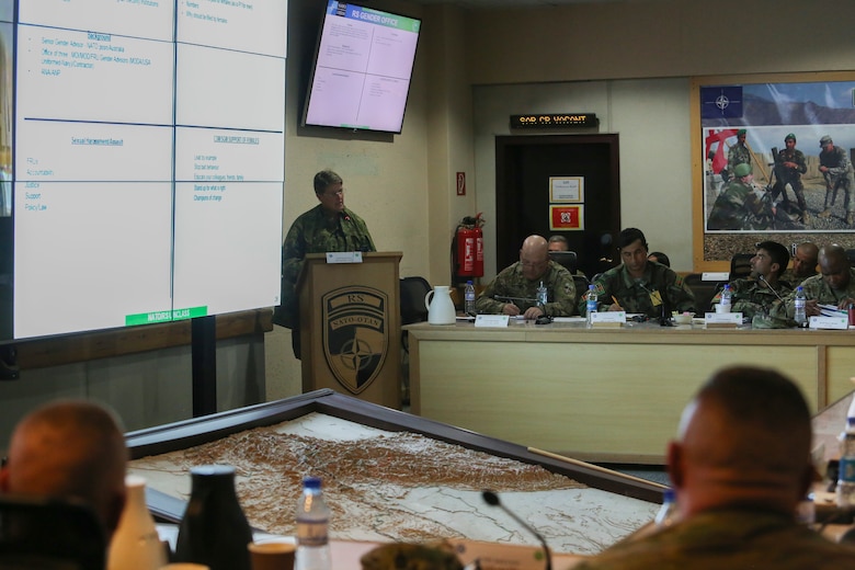 Australian Army Col. Bronwyn Wheeler, the senior gender advisor to the Afghan National Army, offers remarks on the importance of female integration within the Afghan National Defense and Security Forces during a warfighter forum at Resolute Support Headquarters in Kabul, Afghanistan, Nov. 15, 2017. The two-day event brought together senior enlisted Afghan military leaders and their U.S. counterparts to develop solutions to current challenges within the Afghan armed services to further develop the professionalism of ANDSF. (U.S. Marine Corps photo by Sgt. Lucas Hopkins)