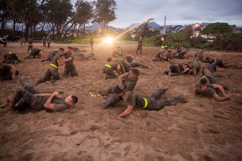 U.S. Marines with Combat Assault Company (CAC), 3rd Marine Regiment, conduct ground fighting in conjunction with the 74th anniversary of the Battle of Tarawa, Fort Hase Beach, Marine Corps Base Hawaii (MCBH), Nov. 20, 2017. CAC celebrated the anniversary with a motivational run and beach grappling to promote comradery among the Marines, while understanding the sacrifices at Tarawa. MCBH, along with its tenant units, strives to promote resiliency in remembering the past battles won and to instill in the newest generation what it means to be U.S. Marine.