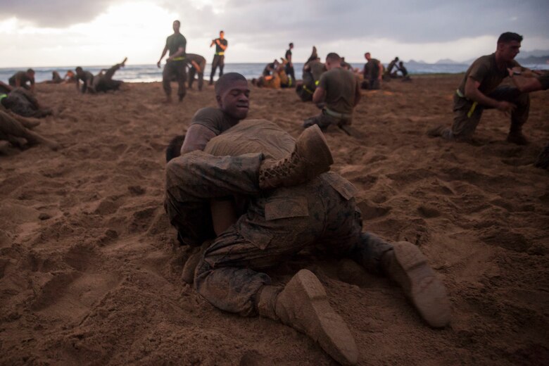 Sgt. Stephen Fisher, a section leader with Combat Assault Company (CAC), 3rd Marine Regiment, ground fights with another Marine for the 74th anniversary of the Battle of Tarawa, Fort Hase Beach, Marine Corps Base Hawaii (MCBH), Nov. 20, 2017. CAC celebrated the anniversary with a motivational run and beach grappling to promote comradery among the Marines, while understanding the sacrifices at Tarawa. MCBH, along with its tenant units, strives to promote resiliency in remembering the past battles won and to instill in the newest generation what it means to be U.S. Marine.