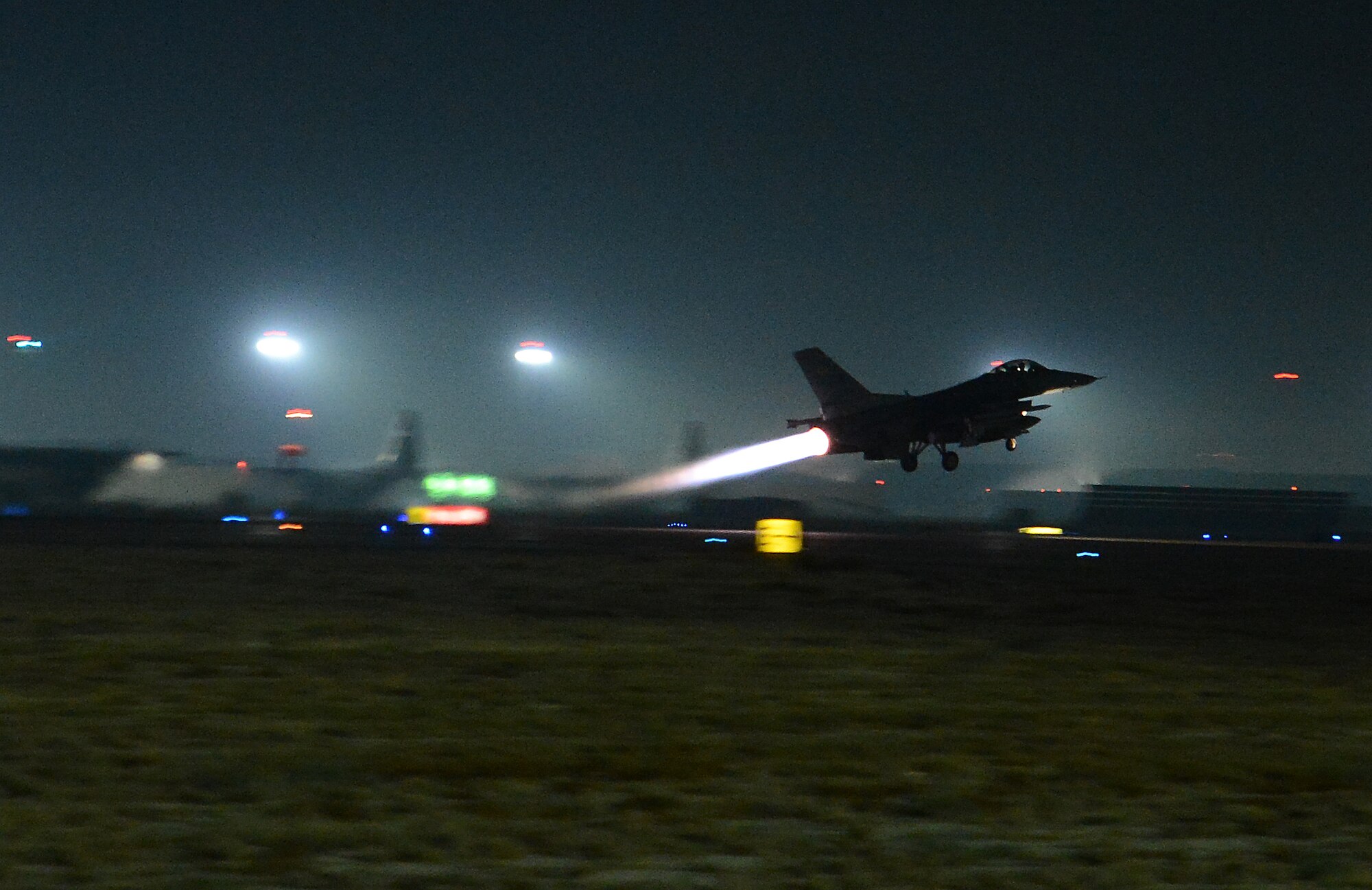 An F-16 fighting falcon assigned to the 77th Fighter Squadron, takes off Nov. 21, 2017 at Bagram Airfield, Afghanistan.