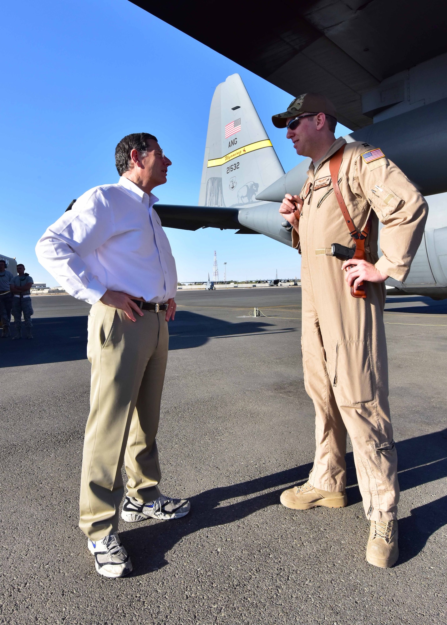 “The visit with Senator Barrasso was very productive [in regard] to updating him on the impact we are having on the mission of the 386th Air Expeditionary Wing,” said Lt. Col. Todd Davis, 737th EAS director of operations. “More importantly, he was provided information on how our deployed members from the Wyoming ANG have been supporting the 386th Expeditionary Operations Group and 386th Expeditionary Maintenance Group since we arrived to our deployed location.”