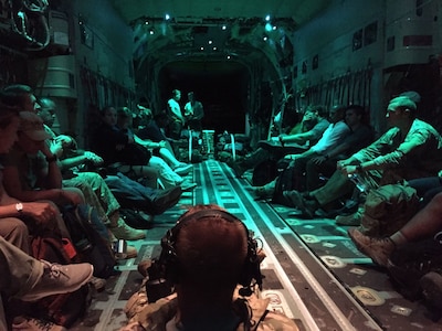 Air Force Special Operation Medics returning from St. Maarten aboard a U.S. Air Force aircraft after assisting in relief and recovery efforts from Hurricane Irma. (U.S. Air Force photo by Tech. Sgt. Marc Villano)