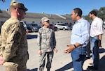 U.S. Representative Will Hurd (right) speaks with Brig. Gen. Heather Pringle (center), the commander of the 502nd Air Base Wing and Joint Base San Antonio, and Col. David Raugh (left), the 502nd Force Support Group commander, outside the main dining facility on JBSA-Camp Bullis Nov. 22.
