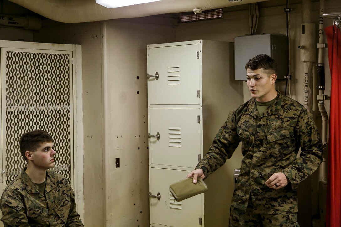 U.S. Marine Corps Sgt. Cory Stryker, a combat engineer with Fox Company, 2nd Battalion, 6th Marine Regiment, 26th Marine Expeditionary Unit (MEU), leads a guided discussion during a Lance Corporal Seminar aboard the dock landing ship USS Oak Hill (LSD 51), during Combined Composite Training Unit Exercise (COMPTUEX) while underway Nov. 24, 2017. Combined COMPTUEX serves as the capstone event for the Amphibious Ready Group-MEU team prior to a deployment, fully integrating the ARG-MEU team as an amphibious force and testing their ability to execute missions across a range of military operations. (U.S. Marine Corps photo by Staff Sgt. Dengrier M. Baez)
