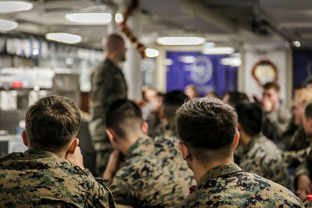 U.S. Marines with Fox Company, 2nd Battalion, 6th Marine Regiment, 26th Marine Expeditionary Unit (MEU), attend a Lance Corporal Seminar aboard the dock landing ship USS Oak Hill (LSD 51) during Combined Composite Training Unit Exercise (COMPTUEX) while underway.