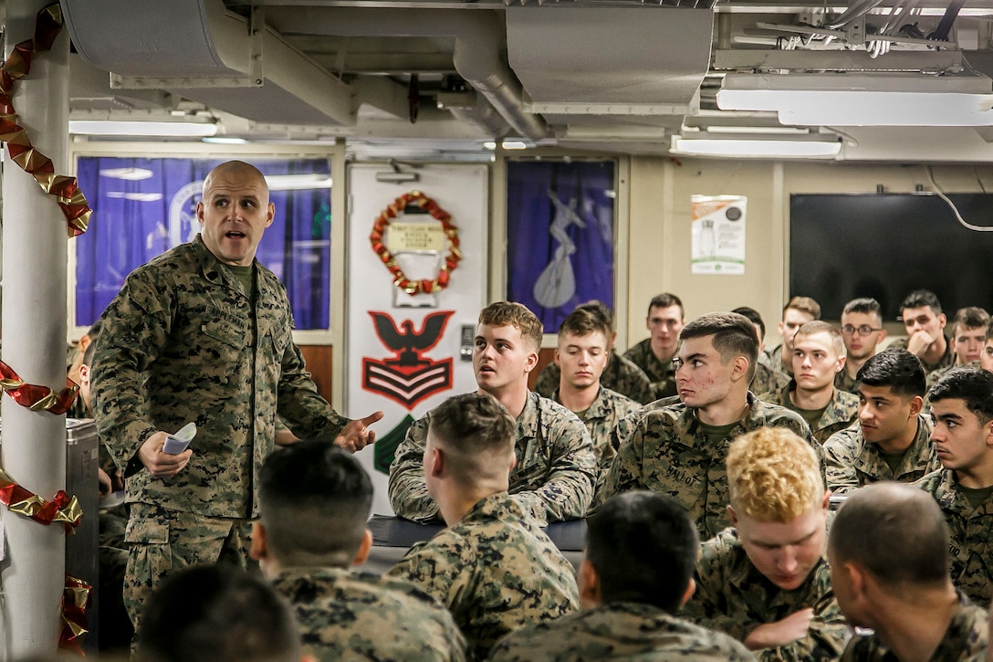 U.S. Marines with Fox Company, 2nd Battalion, 6th Marine Regiment, 26th Marine Expeditionary Unit (MEU), attend a Lance Corporal Seminar aboard the dock landing ship USS Oak Hill (LSD 51) during Combined Composite Training Unit Exercise (COMPTUEX) while underway.