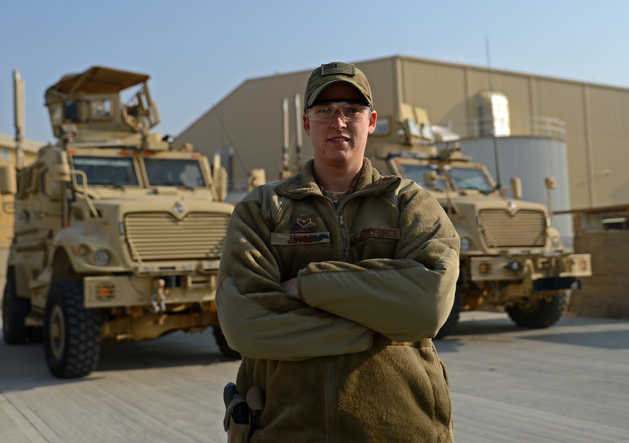 Senior Airman Maria Joyce, 455th Expeditionary Security Forces Squadron Echo sector command controller, poses for a photo Nov. 22, 2017 at Bagram Airfield, Afghanistan.