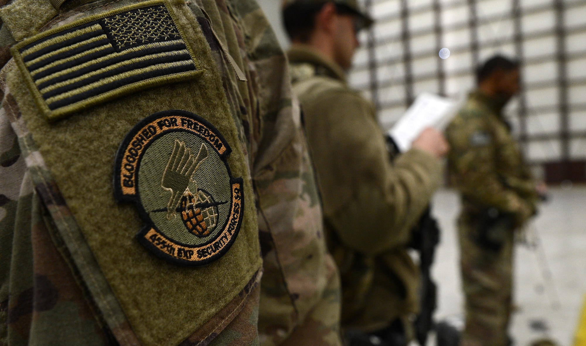 A 455th Expeditionary Security Forces Squadron patch is worn on a uniform Nov. 22, 2017 at Bagram Airfield, Afghanistan.