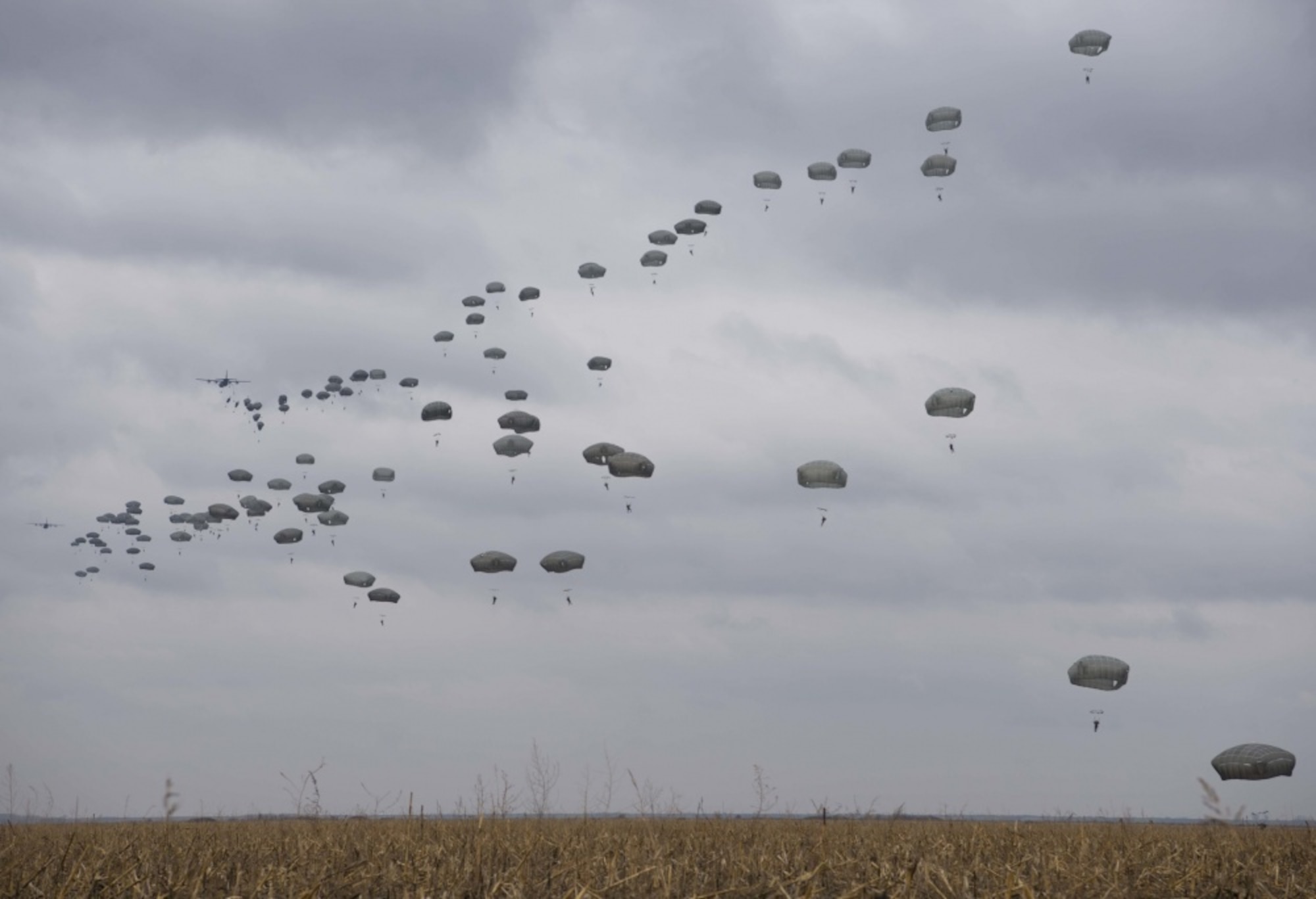U.S. and Serbian paratroopers descend from the sky during Exercise Double Eagle 2017 in Kovin, Serbia on November 16, 2017. Exercise Double Eagle is a bi-lateral airborne insertion exercise designed to allow U.S. and Serbian forces to work together in areas of mutual interest in securing regional security and peace. (U.S. Air Force photo by Senior Airman Elizabeth Baker)