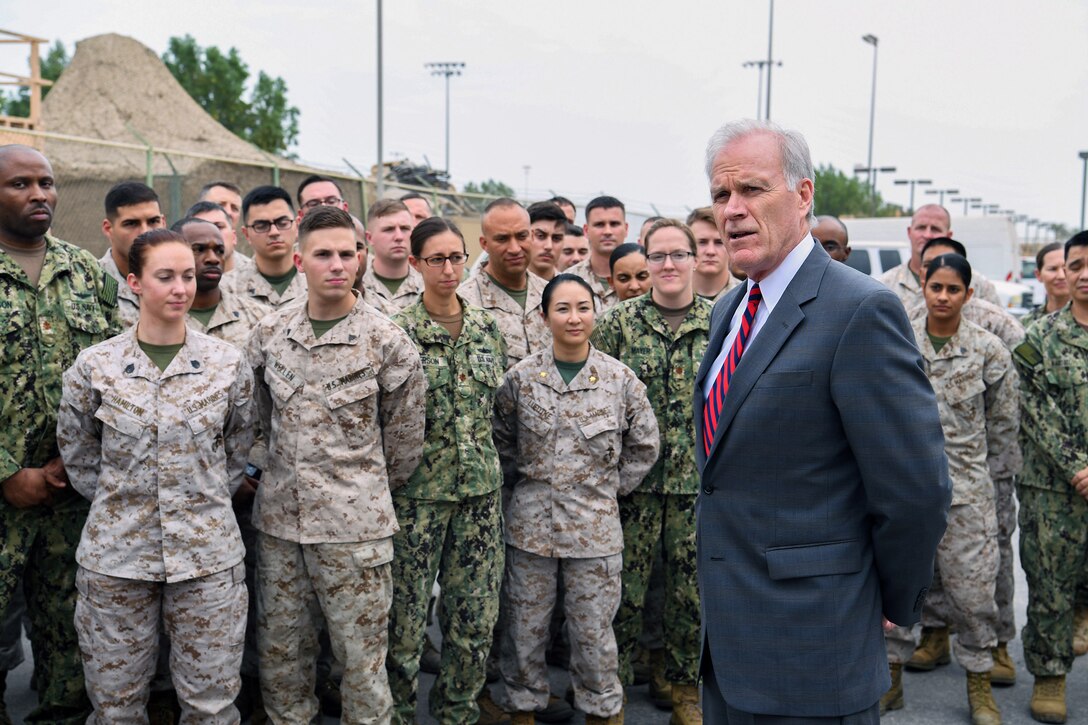 171122-N-GC639-0205 MANAMA, Bahrain (Nov. 22, 2017) Secretary of the Navy Richard V. Spencer speaks to Sailors and Marines as part of a visit to the 5th Fleet Area of Operations.  U.S. 5th Fleet conducts maritime operations to deter and counter regional threats, defeat violent extremism and strengthen partner nations’ maritime capabilities in order to preserve the free flow of commerce and promote a secure maritime environment in the U.S. Central Command area of responsibility. (U.S. Navy photo by Mass Communication Specialist 2nd Class McLearnon/Released)