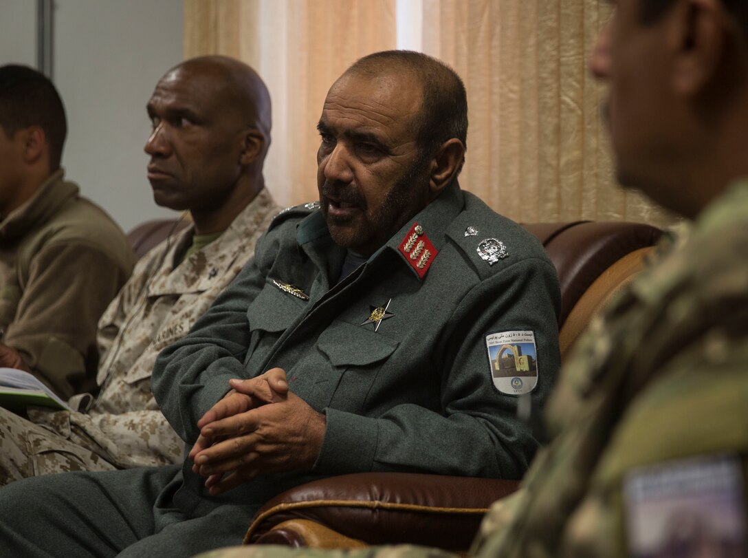 Brig. Gen. Safi, the Helmand Province Chief of Police, weighs-in during a security shura at Bost Airfield, Afghanistan, Nov. 16, 2017. The Afghan National Defense and Security Force key leaders talked about Maiwand seven, eight, and future operations, all with a goal to increase stability throughout the province in preparation for the elections in 2018. (U.S. Marine Corps photo by Sgt. Justin T. Updegraff)