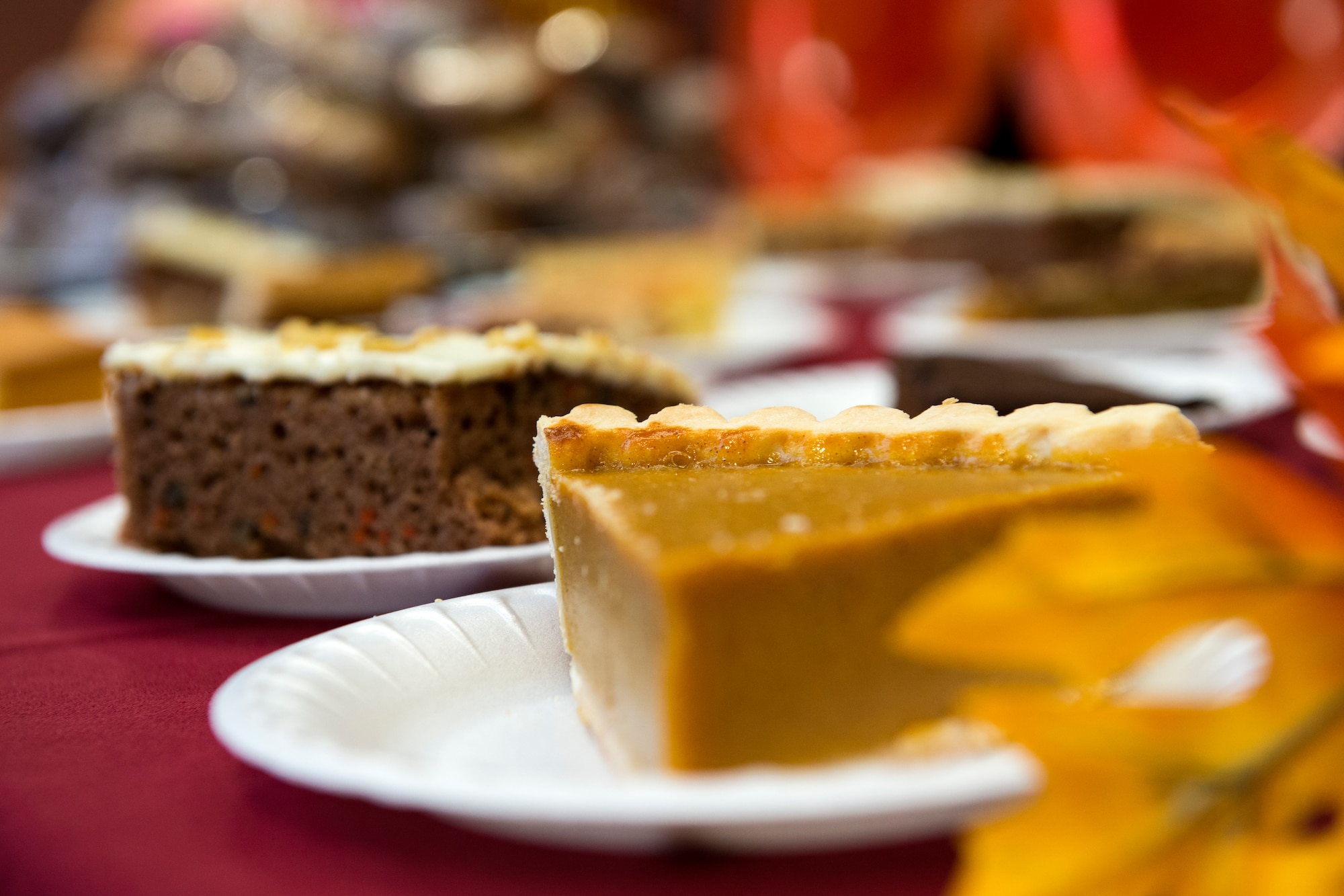 Desserts rest on a table on Thanksgiving Day in the Georgia Pines Dining Facility, Nov. 23, 2017, at Moody Air Force Base, Ga. The Thanksgiving Day meal was an opportunity for Airmen, retirees, dependents and leadership to enjoy a traditional Thanksgiving meal. (U.S. Air Force photo by Airman 1st Class Erick Requadt)