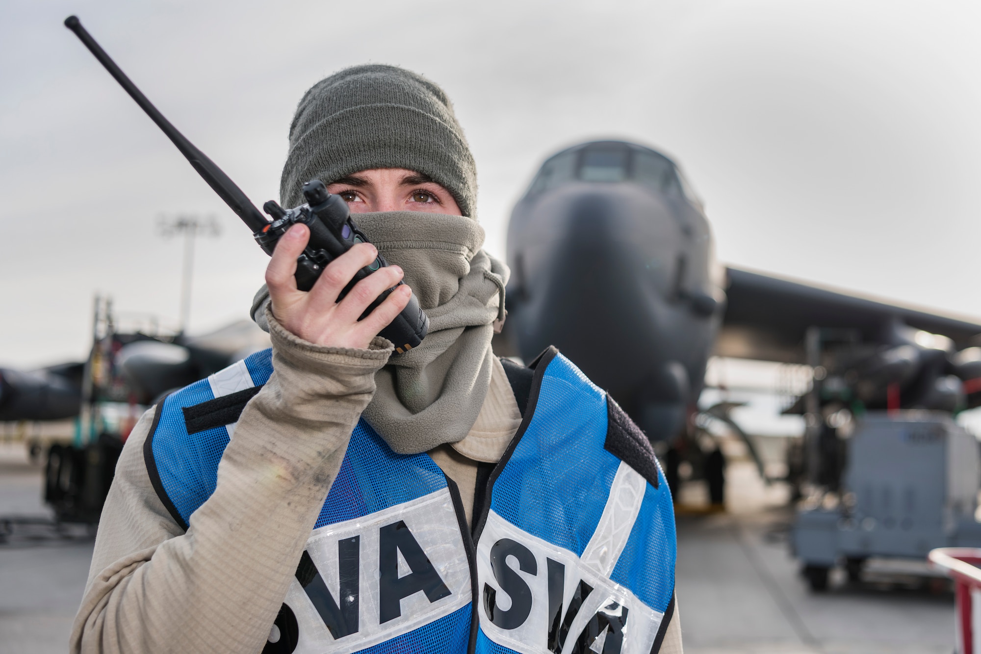 Airman 1st Class Robert Conley, 5th Aircraft Maintenance Squadron crew chief, uses land mobile radio at Minot Air Force Base, N.D., Oct. 31, 2017, during Global Thunder 18. Global Thunder is an annual command and control exercise designed to train U.S. Strategic Command forces and assess joint operational readiness. (U.S. Air Force photo by Senior Airman J.T. Armstrong)