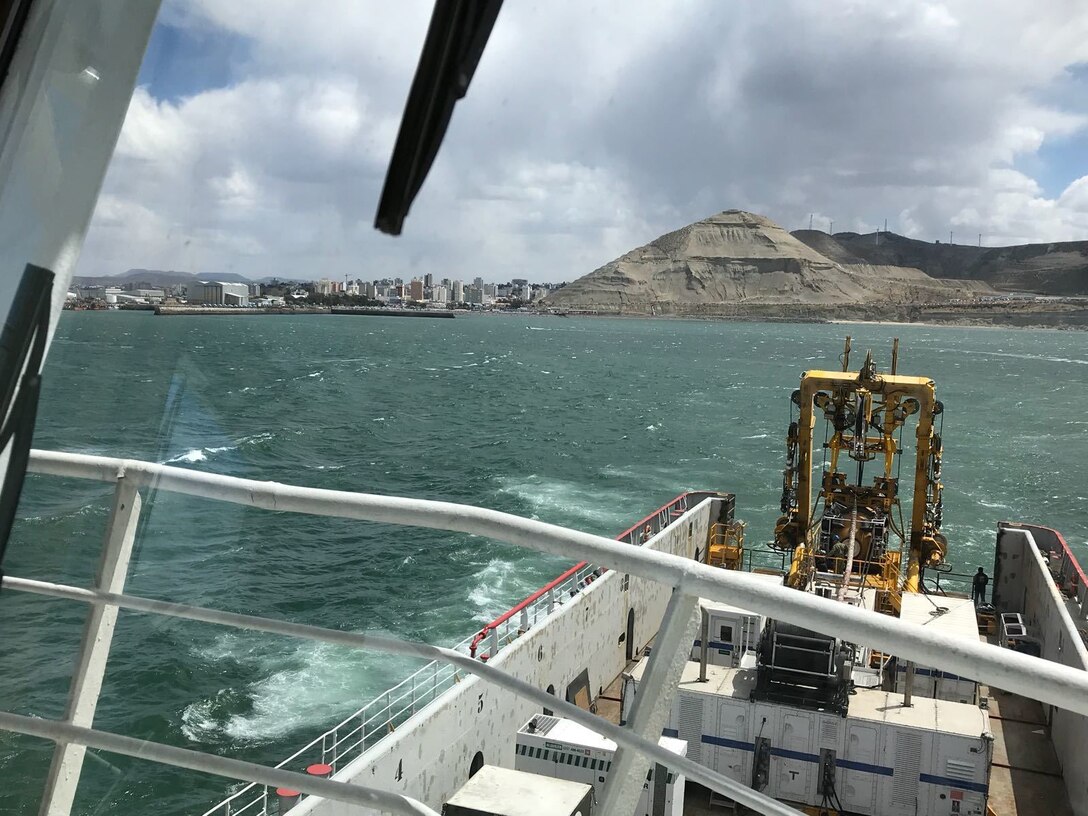 The motor vessel Sophie Siem gets underway from Comodoro Rivadavia, Argentina