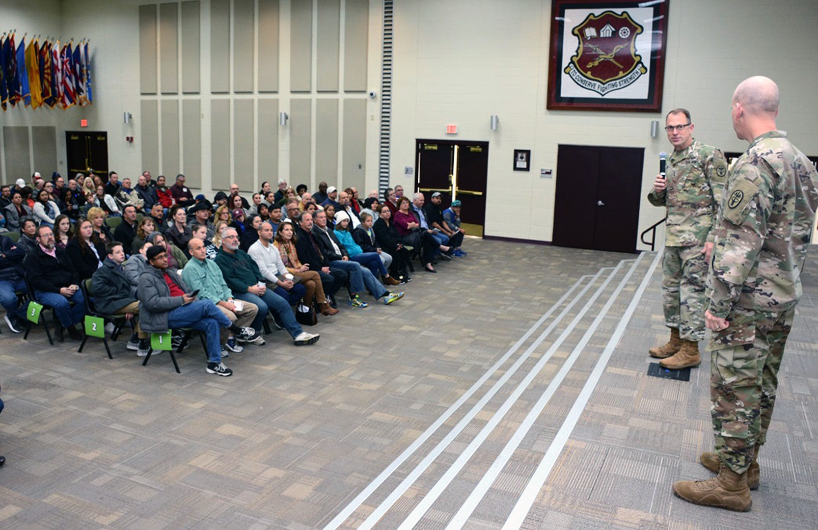 Maj. Gen. Brian C. Lein, Commanding General of the Army Medical Department Center & School at Joint Base San Antonio-Fort Sam Houston, and Command Sgt. Maj. Buck O’Neal kick off Mission Thanksgiving by welcoming families Nov. 23.