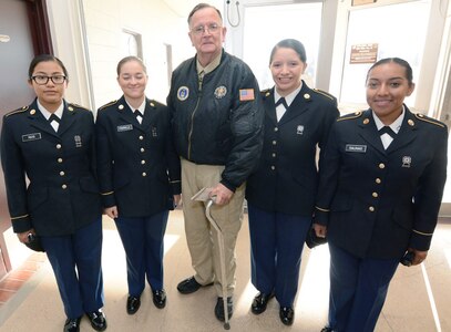 Retired U.S. Air Force Master Sgt. Travis Briggs with Pvt. Brika Rios from California; Pvt. Alexandra Parrillo from Moorestown, N.J.; Pvt. Lidia Rodriguez from Wisconsin; and Pvt. Emily Salinas from Stockton, Calif.