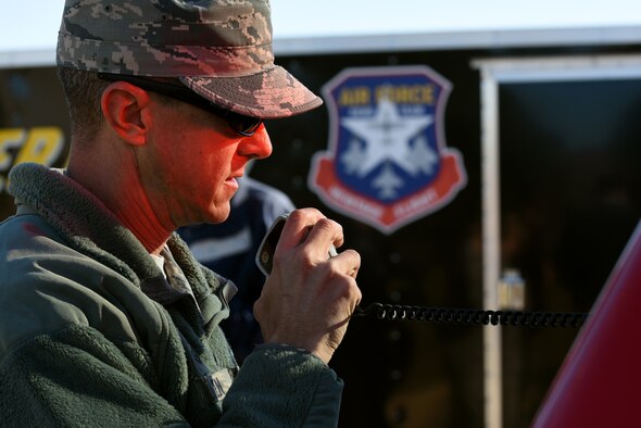 U.S. Air Force Master Sgt. Ronald Nowlin, 20th Civil Engineer Squadron assistant chief of operations, speaks into a radio during a major accident response exercise at Shaw Air Force Base, South Carolina, Nov. 17, 2017.