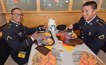 Soldiers from the Army Medical Department Center & School at Joint Base San Antonio-Fort Sam Houston were served Thanksgiving dinner by Maj. Gen. Brian C. Lein, Commanding General, Army AMEDDC&S, and AMEDDC&S Command Sgt. Maj. Buck O'Neal at the Rocco Dining Facility at JBSA-Fort Sam Houston Nov. 23.