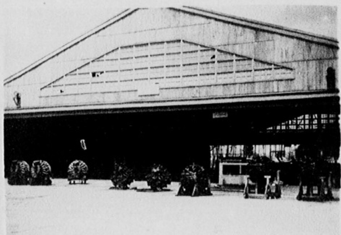 Aircraft engines sit outside the 374th Maintenance Squadron propulsion shop in the 1940’s, at Yokota Air Base, Japan.
