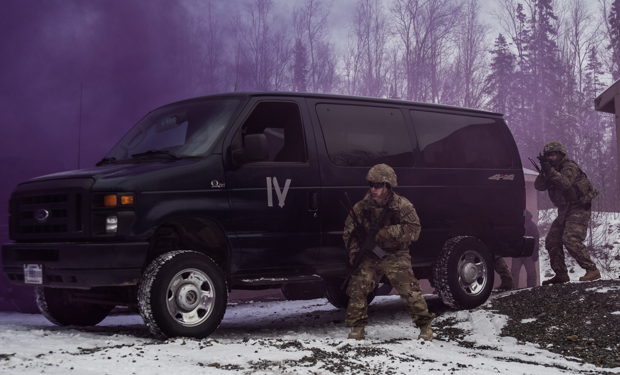 Soldiers assigned to the 716th Explosive Ordnance Disposal Company conduct mass-casualty search-and-rescue training at Joint Base Elmendorf-Richardson, Alaska, Nov. 21, 2017. During the exercise, the rescue operators located, assessed, treated and evacuated numerous casualties while engaging and eliminating multiple attacks from opposition forces. (U.S. Air Force photo by Senior Airman Curt Beach)