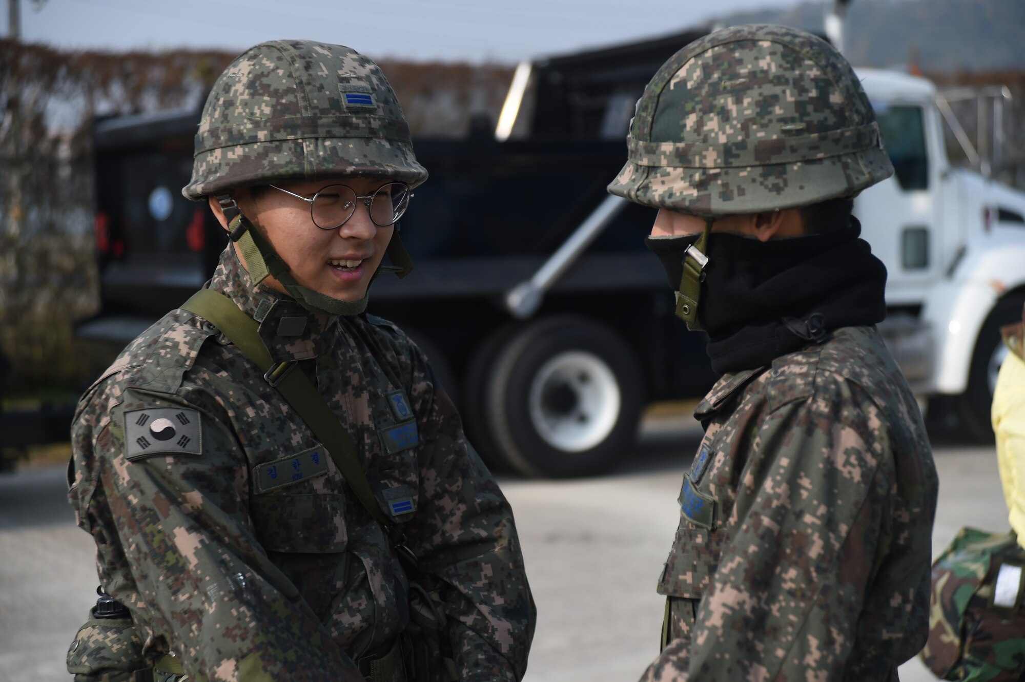 Republic of Korea Air Force Airmen participate in a Rapid Airfield Damage Repair bilateral training exercise at Gwangju Air Base, R.O.K., Nov. 8, 2017. U.S. and R.O.K. Airmen trained together for a week to learn the new RADR process, preparing them for response to wartime contingencies, enhancing interoperability and building partnership capacity in the Indo-Asia Pacific region. The new process makes use of rapid-setting concrete which enables vehicles to pass over it after one hour, and after two hours of cure time, it can support any and all aircraft. (U.S. Air Force photo by Senior Airman Curt Beach)
