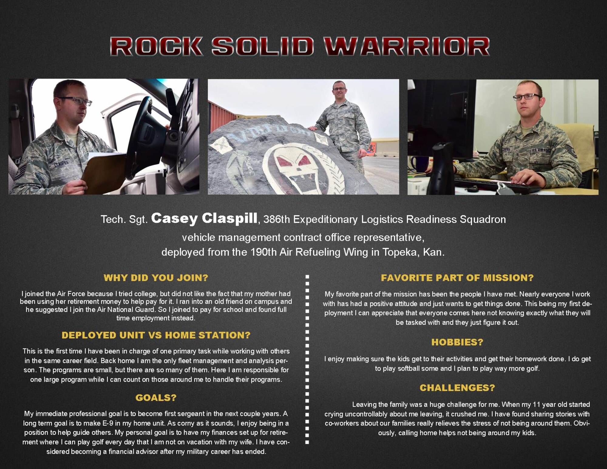 The Rock Solid Warrior program is a way to recognize and spotlight the Airmen of the 386th Air Expeditionary Wing for their positive impact and commitment to the mission.