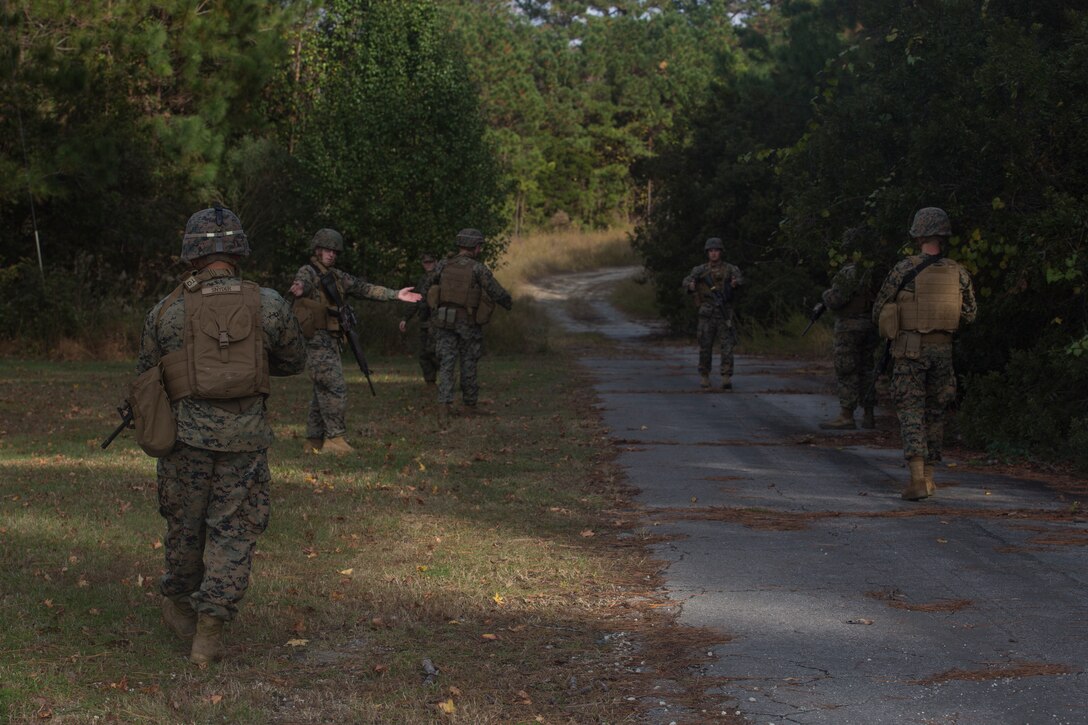 Artillery Marines with 2nd Battalion, 10th Marine Regiment practice hand and arm signals during a training patrol at Camp Lejeune, N.C., Nov. 14, 2017. Infantry Marines with 3rd Battalion, 8th Marine Regiment taught the artillerymen advanced patrolling tactics in preparation for their upcoming deployment. (U.S. Marine Corps photo by Lance Cpl. Ashley McLaughlin)
