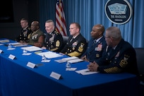 Army Command Sgt. Maj. John W. Troxell, senior enlisted advisor to the chairman of the Joint Chiefs of Staff, and the service senior enlisted leaders speak to media during a press availability in the Press Briefing Room at the Pentagon in Washington, D.C., Nov. 27, 2017. (DOD photo by Navy Petty Officer 1st Class Dominique A. Pineiro)
