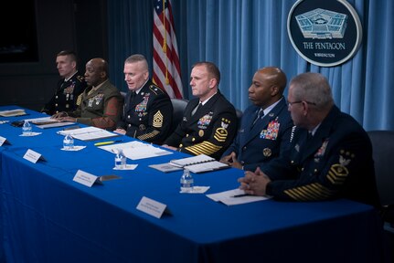 Army Command Sgt. Maj. John W. Troxell, senior enlisted advisor to the chairman of the Joint Chiefs of Staff, and the service senior enlisted leaders speak to media during a press availability in the Press Briefing Room at the Pentagon in Washington, D.C., Nov. 27, 2017. (DOD photo by Navy Petty Officer 1st Class Dominique A. Pineiro)