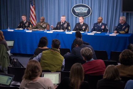 Army Command Sgt. Maj. John W. Troxell, senior enlisted advisor to the chairman of the Joint Chiefs of Staff, and the service senior enlisted leaders speak to media during a press availability in the Press Briefing Room at the Pentagon in Washington, D.C., Nov. 27, 2017. (DOD photo by Navy Petty Officer 1st Class Dominique A. Pineiro)
