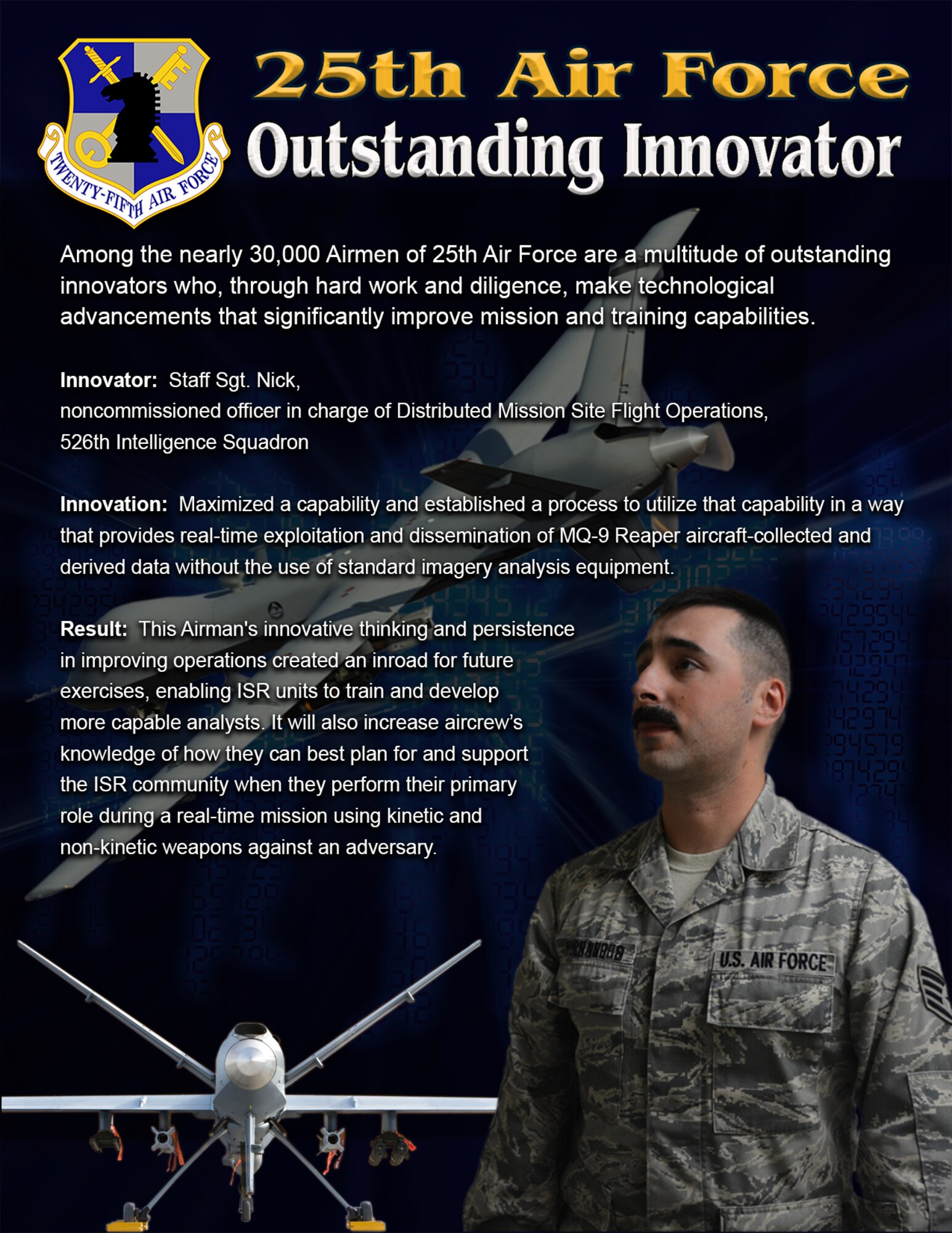 Among the exceptional Airmen of the 25th Air Force are many inspirational leaders, motivators and innovators. Staff Sgt. Nick, noncommissioned officer in charge of Distributed Mission Site Flight Operations, 526th Intelligence Squadron, is one of those unique Airmen.