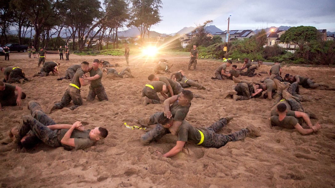 Marines practice hand to hand fighting on a beach.