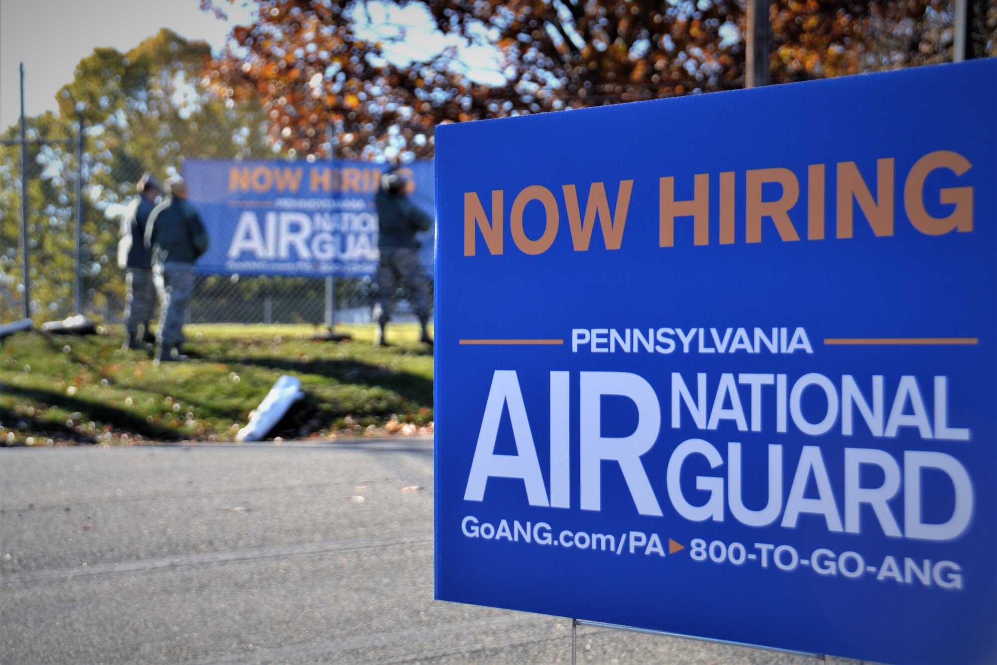 Members of the 111th Attack Wing Strength Management Team place signs outside of Horsham Air Guard Station, Pa., Nov. 24, 2017. The signs were situated during the kick off of their newest recruiting program, Operation Alma Mater. (U.S. Air National Guard photo by Tech. Sgt. Andria Allmond)