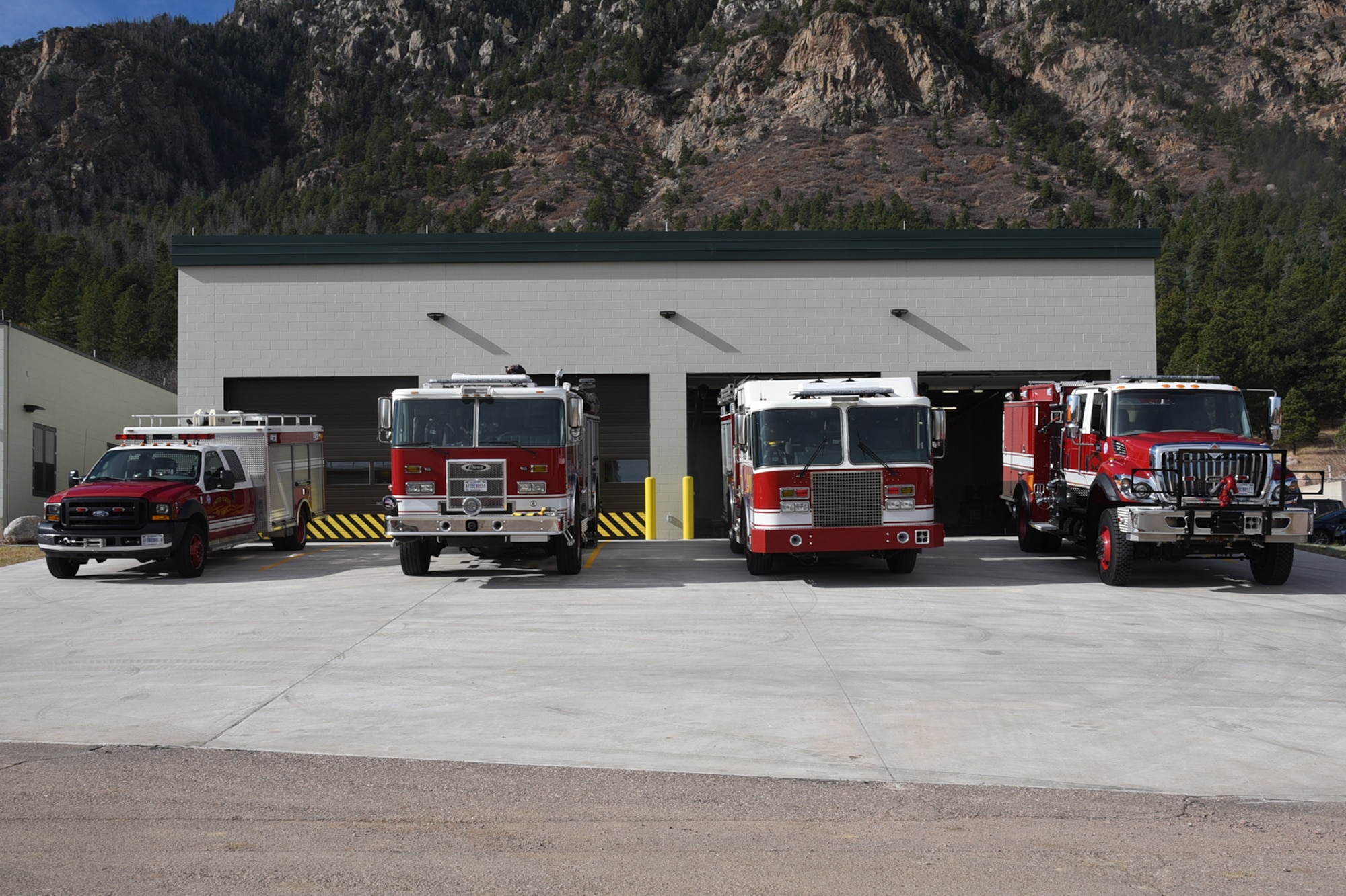 CHEYENNE MOUNTAIN AIR FORCE STATION, Colo. – The 721st Civil Engineer Squadron fire department opened a new fire station at Cheyenne Mountain Air Force Station Nov. 17, 2017. The fire department increased its crew from 22 to 40 firefighters and added two new trucks and additional dispatch personnel. (U.S. Air Force photo by Robb Lingley)