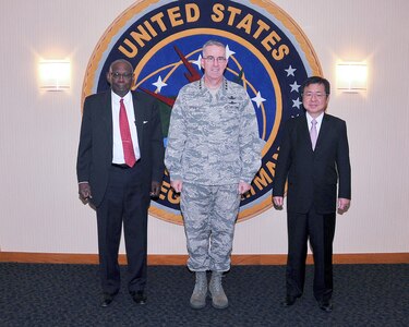 Nobukatsu Kanehara, deputy secretary-general of National Security Secretariat of Japan (right) met with U.S. Air Force Gen. John Hyten, commander of U.S. Strategic Command (USSTRATCOM), and Eric Madison, foreign policy advisor for USSTRATCOM, at Offutt Air Force Base, Neb., Nov. 28, 2017.  During his visit, Kanehara toured the Global Operations Center and received a briefing on USSTRATCOM’s missions and priorities. One of nine Department of Defense unified combatant commands, USSTRATCOM has global responsibilities assigned through the Unified Command Plan that include strategic deterrence, space operations, cyberspace operations, joint electronic warfare, global strike, missile defense and intelligence.