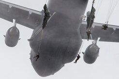 Paratroopers assigned to the 4th Infantry Brigade Combat Team (Airborne), 25th Infantry Division, U.S. Army Alaska, jump from a C-17 Globemaster III out of Joint Base Charleston, while conducting airborne training over Malemute drop zone, Joint Base Elmendorf-Richardson, Alaska, Aug. 24, 2017.