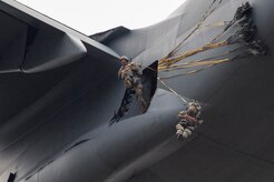 Paratroopers assigned to the 4th Infantry Brigade Combat Team (Airborne), 25th Infantry Division, U.S. Army Alaska, jump from a C-17 Globemaster III out of Joint Base Charleston, while conducting airborne training over Malemute drop zone, Joint Base Elmendorf-Richardson, Alaska, Aug. 24, 2017.