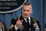 Army Command Sgt. Maj. John W. Troxell, senior enlisted advisor to the chairman of the Joint Chiefs of Staff, makes a point as he and the senior enlisted leaders for the U.S. combatant commands brief Pentagon reporters at the conclusion of a conference, Nov. 28, 2017. DoD photo by Army Sgt. Amber I. Smith