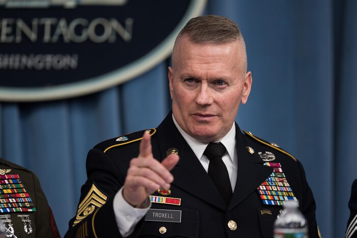 Army Command Sgt. Maj. John W. Troxell, senior enlisted advisor to the chairman of the Joint Chiefs of Staff, makes a point as he and the senior enlisted leaders for the U.S. combatant commands brief Pentagon reporters at the conclusion of a conference, Nov. 28, 2017. DoD photo by Army Sgt. Amber I. Smith