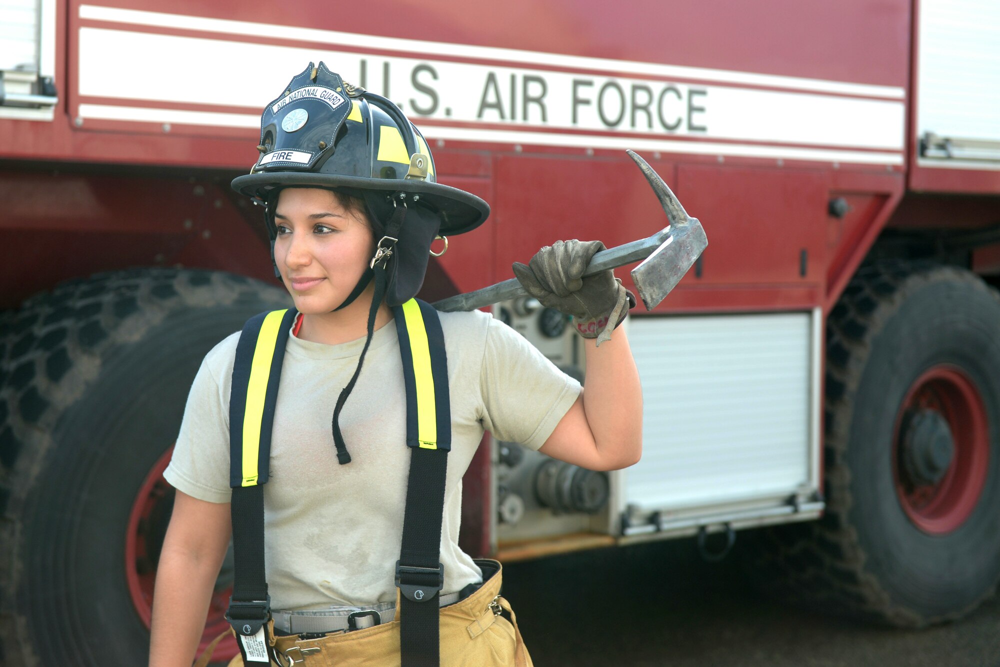 U.S Air Force Staff. Sgt. Alejandra Cepeda, a fire fighter with the 106th Civil Engineer Squadron of the 106th Rescue Wing assigned to the New York Air National Guard, poses with a halligan bar at the 106th Rescue Wing in Westhampton Beach, New York November 2, 2017.