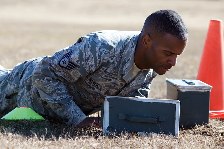 The Marine CFT requires participants in battle dress uniform, to sprint a timed 880 yards, lift a 30-pound ammunition can overhead from shoulder height repeatedly for two minutes, and perform a timed maneuver-under-fire event.