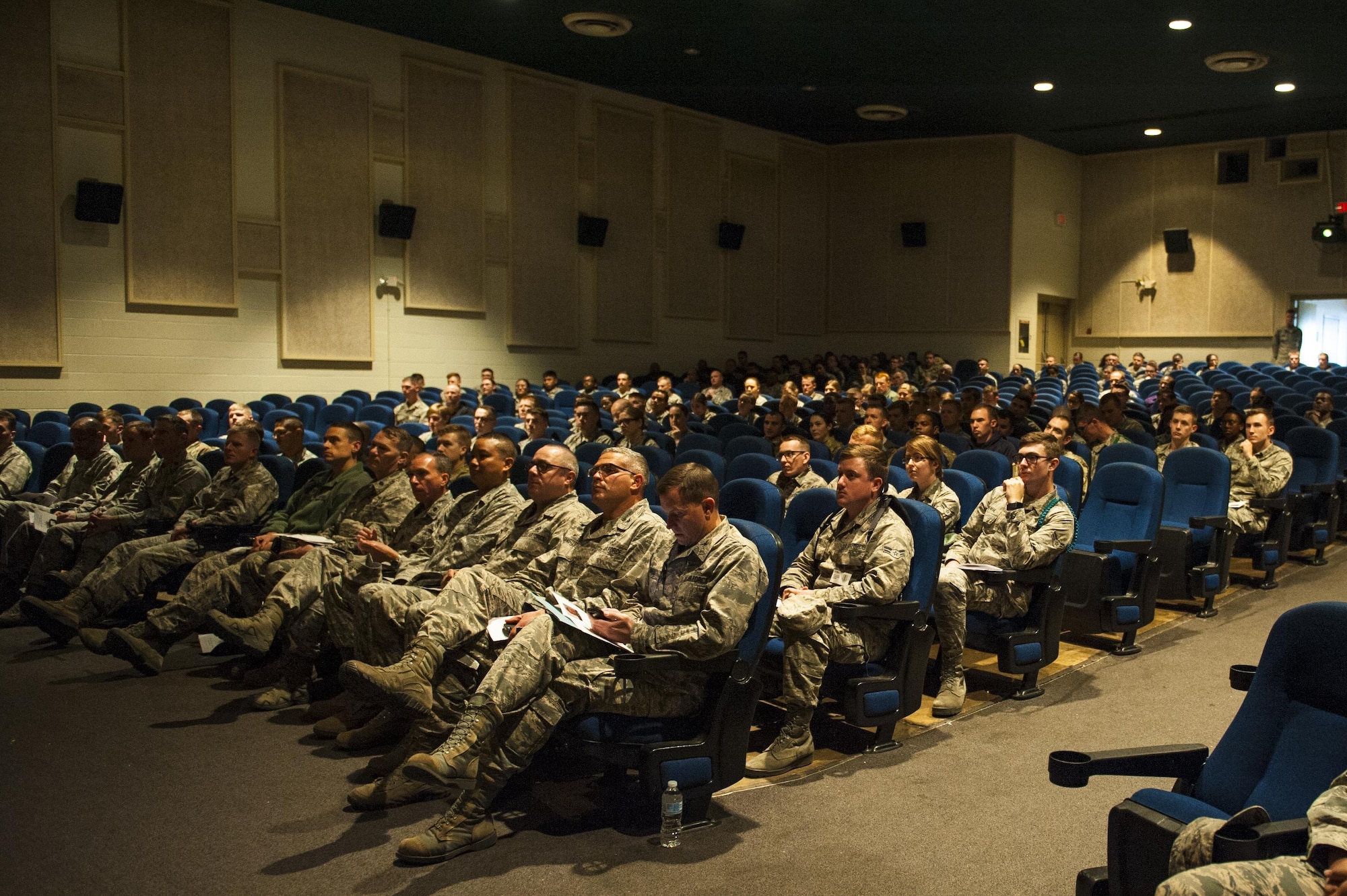 The audience for the Islamic State of Iraq and the Levant panel discussion at the Base Theater on Goodfellow Air Force Base, Texas, Nov. 20, 2017. After the lectures, the panel opened to questions. All questions asked were about Islamic extremism, specifically the Islamic State of Iraq and the Levant, and the future of Islamic extremism in the West. (U.S. Air Force photos by Senior Airman Scott Jackson/Released)