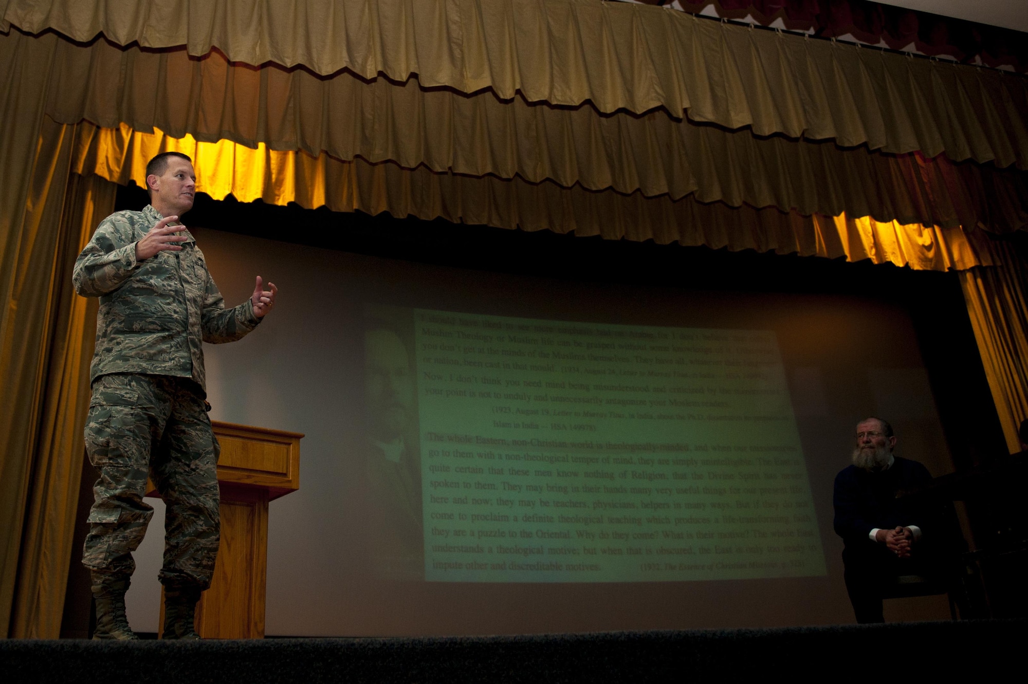 U.S. Air Force Col. Jeffery Sorrell, 17th Training Wing vice commander, gives closing remarks after a panel discussion on the Islamic State of Iraq and the Levant at the Base Theater on Goodfellow Air Force Base, Texas, Nov. 20, 2017. Sorrell mentioned the importance for intelligence professionals to have knowledge of their enemy and thanked Dr. Yahya Michot, Hartford Seminary professor, and Anthony Celso, Angelo State University professor of security studies, for their time and coined them. (U.S. Air Force photo by Senior Airman Scott Jackson/Released)