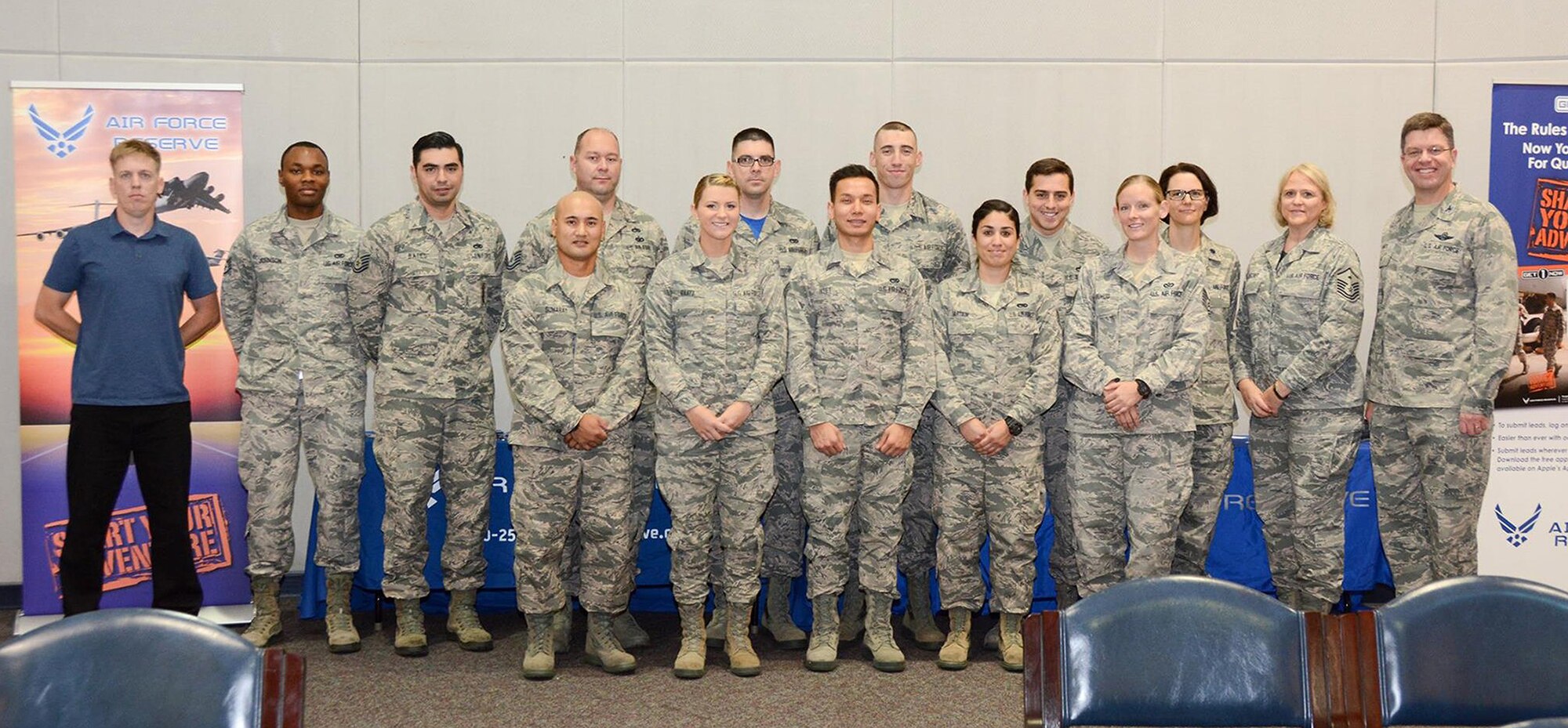Col. Adrian K. White, 349th Air Mobility Wing vice commander (far right) welcomes our wing’s newest members, November 4, 2017.