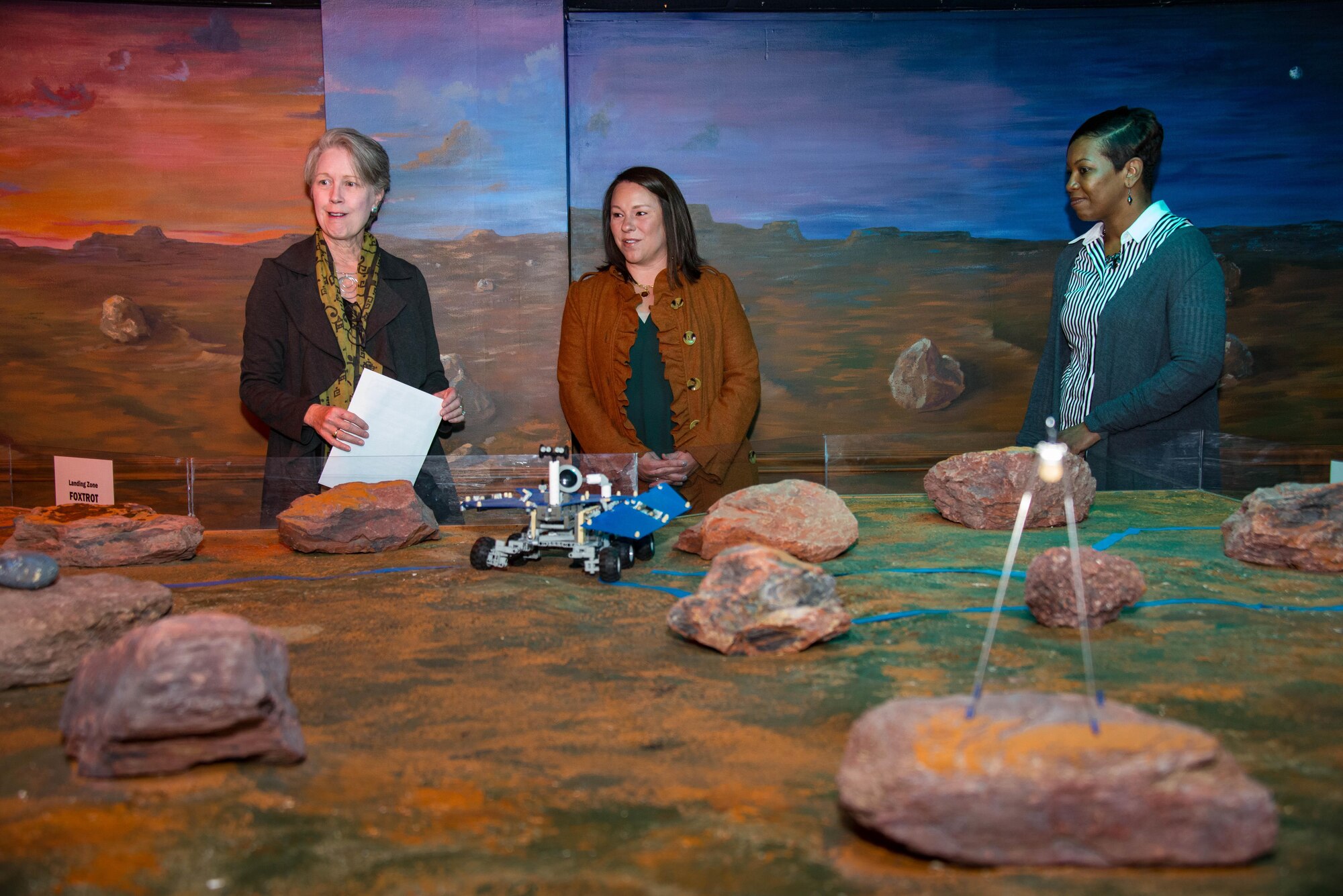 Ann Sikes, President of Montgomery Education Foundation, left, Congresswoman Martha Roby, U.S. Representative for Alabama’s Second Congressional District, center, and Princess Cuthrell, Department of Defense STARBASE Maxwell, tour the Mars Room during Roby’s first visit to STARBASE Maxwell, Nov. 27, 2017, Maxwell Air Force Base, Ala. Roby visited STARBASE Maxwell to become familiar with the program and the benefits it brings to the community. STARBASE Maxwell students use the Mars Room to build and test their robots. (U.S. Air Force photo by Melanie Rodgers Cox/Released.)
